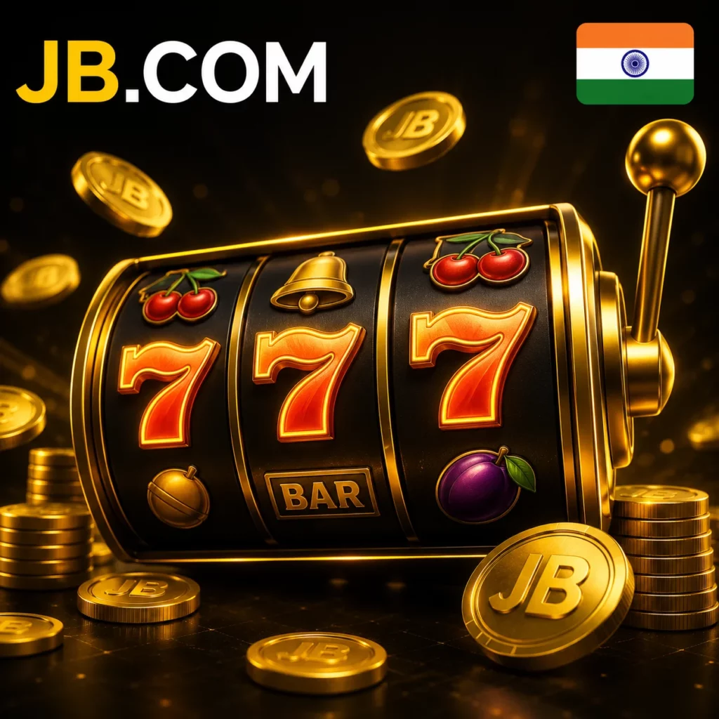JB Casino slot machine with official JB.COM logo, India flag, and gold casino coins.